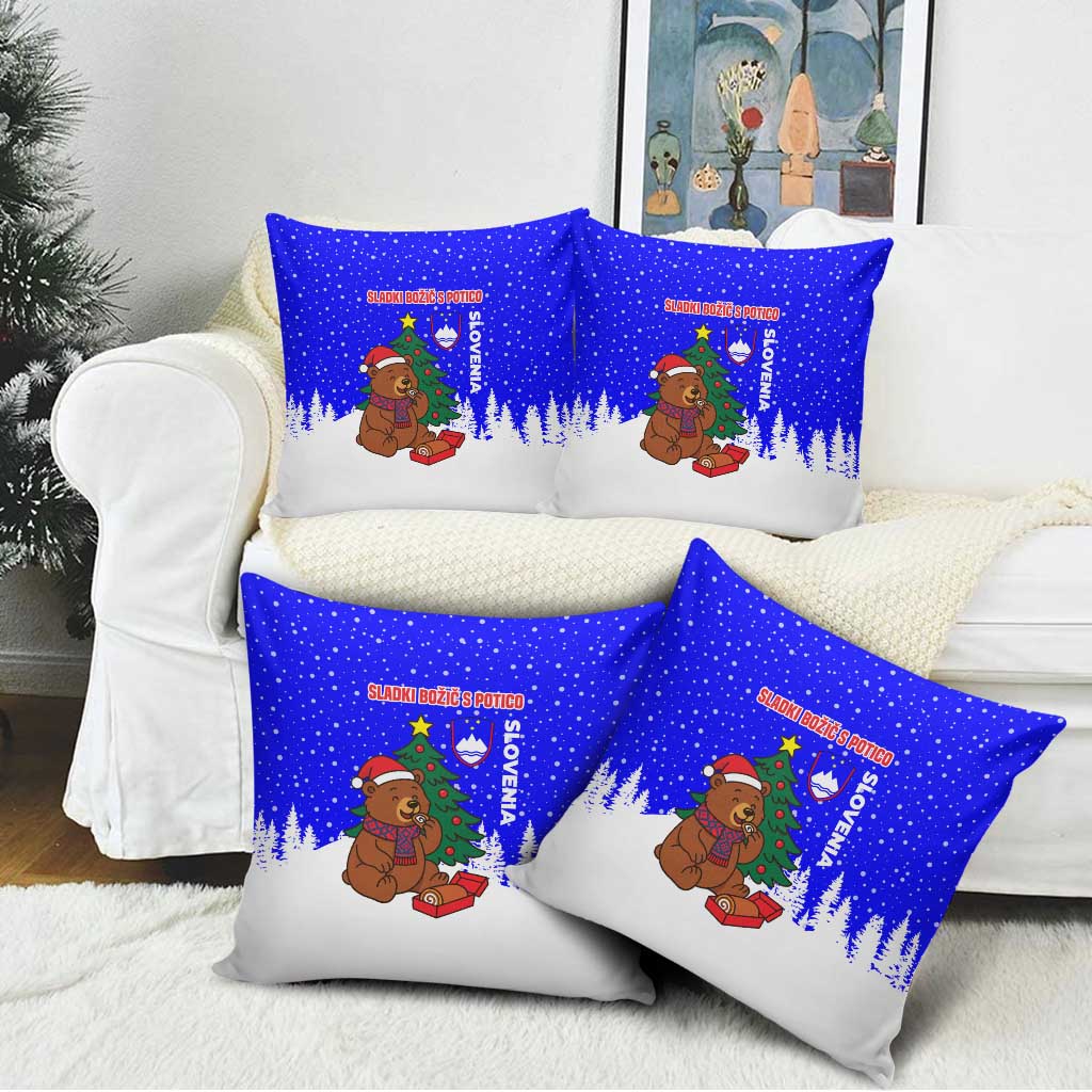 Slovenia Christmas Pillow Cover with Bear Potica Cake Snowy Tree and National Emblem Design - Wonder Print Shop