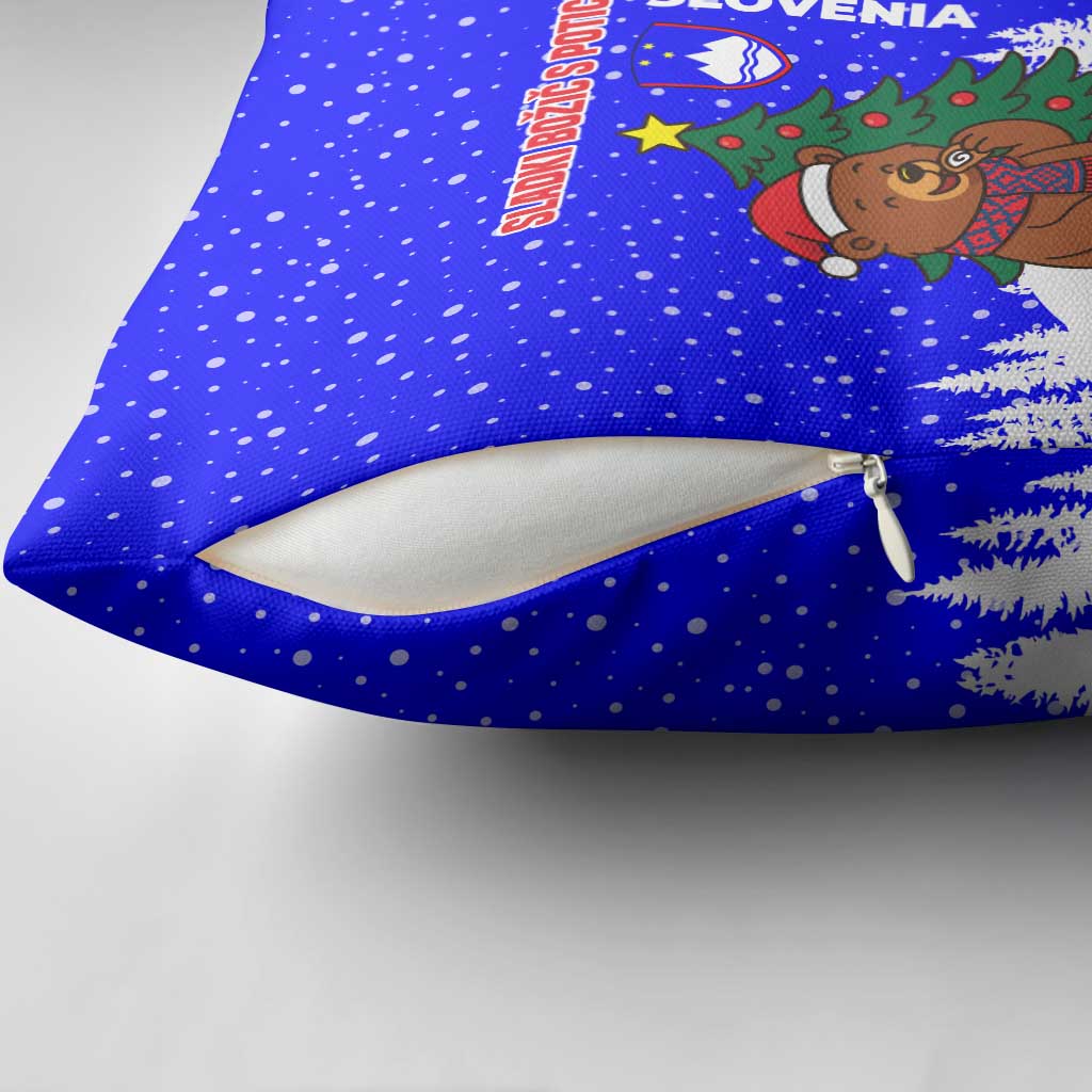 Slovenia Christmas Pillow Cover with Bear Potica Cake Snowy Tree and National Emblem Design - Wonder Print Shop