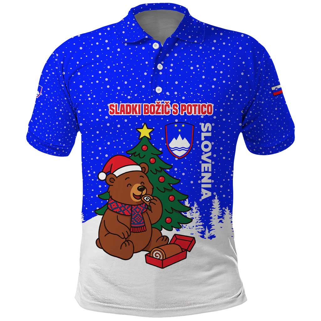 Slovenia Christmas Polo Shirt with Bear Potica Cake Snowy Tree and National Emblem Design - Wonder Print Shop