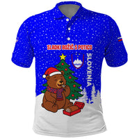 Slovenia Christmas Polo Shirt with Bear Potica Cake Snowy Tree and National Emblem Design - Wonder Print Shop