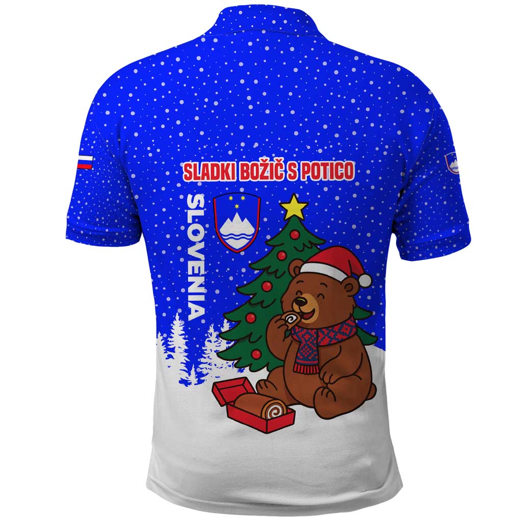 Slovenia Christmas Polo Shirt with Bear Potica Cake Snowy Tree and National Emblem Design - Wonder Print Shop