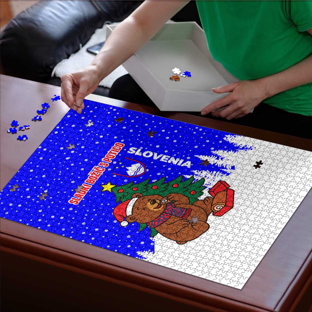 Slovenia Christmas Puzzle with Bear Potica Cake Snowy Tree and National Emblem Design - Wonder Print Shop
