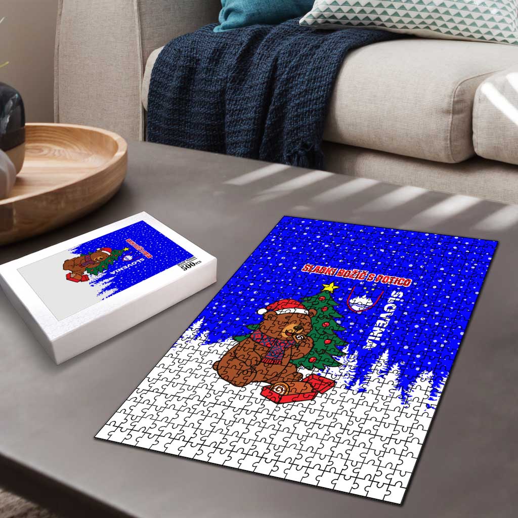 Slovenia Christmas Puzzle with Bear Potica Cake Snowy Tree and National Emblem Design - Wonder Print Shop