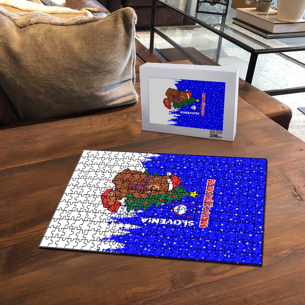Slovenia Christmas Puzzle with Bear Potica Cake Snowy Tree and National Emblem Design - Wonder Print Shop