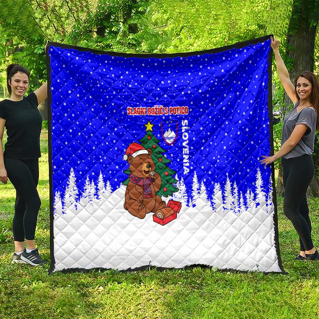 Slovenia Christmas Quilt with Bear Potica Cake Snowy Tree and National Emblem Design - Wonder Print Shop