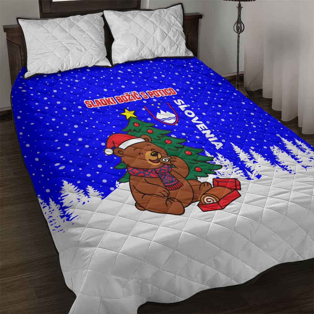 Slovenia Christmas Quilt Bed Set with Bear Potica Cake Snowy Tree and National Emblem Design - Wonder Print Shop