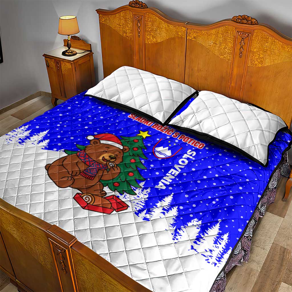 Slovenia Christmas Quilt Bed Set with Bear Potica Cake Snowy Tree and National Emblem Design - Wonder Print Shop