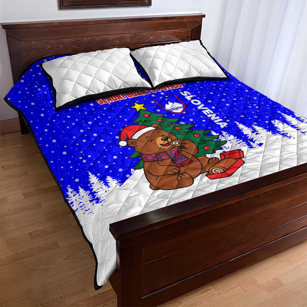 Slovenia Christmas Quilt Bed Set with Bear Potica Cake Snowy Tree and National Emblem Design - Wonder Print Shop