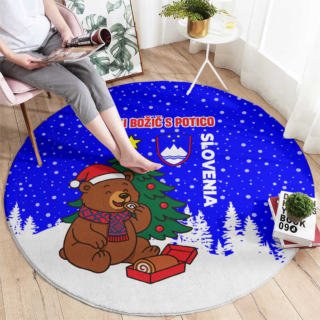 Slovenia Christmas Round Carpet with Bear Potica Cake Snowy Tree and National Emblem Design - Wonder Print Shop