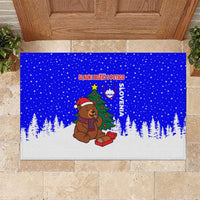 Slovenia Christmas Rubber Doormat with Bear Potica Cake Snowy Tree and National Emblem Design - Wonder Print Shop