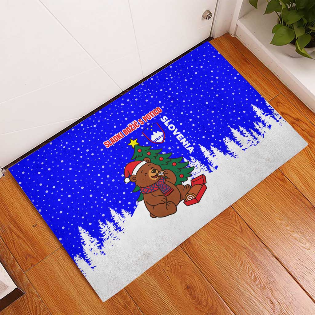 Slovenia Christmas Rubber Doormat with Bear Potica Cake Snowy Tree and National Emblem Design - Wonder Print Shop