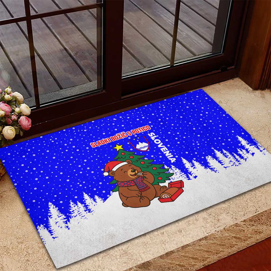 Slovenia Christmas Rubber Doormat with Bear Potica Cake Snowy Tree and National Emblem Design - Wonder Print Shop
