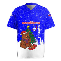 Slovenia Christmas Rugby Jersey with Bear Potica Cake Snowy Tree and National Emblem Design - Wonder Print Shop