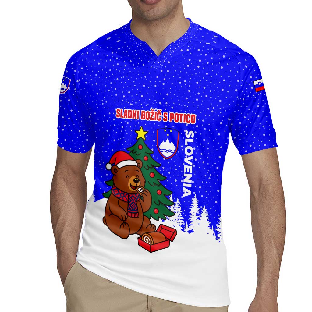 Slovenia Christmas Rugby Jersey with Bear Potica Cake Snowy Tree and National Emblem Design - Wonder Print Shop