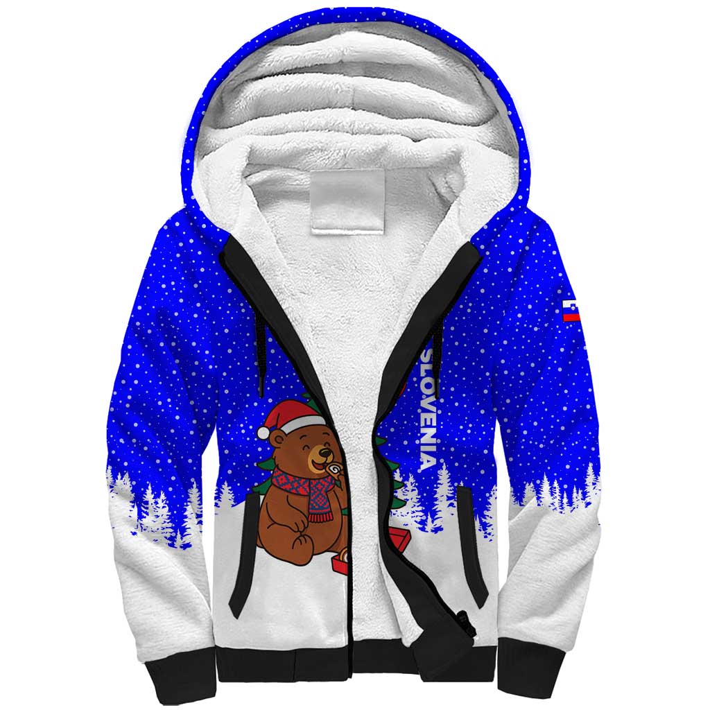 Slovenia Christmas Sherpa Hoodie with Bear Potica Cake Snowy Tree and National Emblem Design - Wonder Print Shop