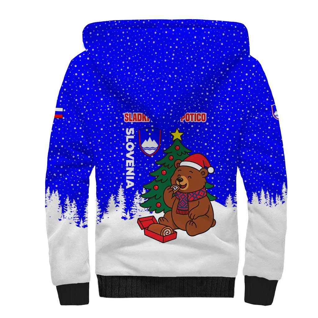 Slovenia Christmas Sherpa Hoodie with Bear Potica Cake Snowy Tree and National Emblem Design - Wonder Print Shop