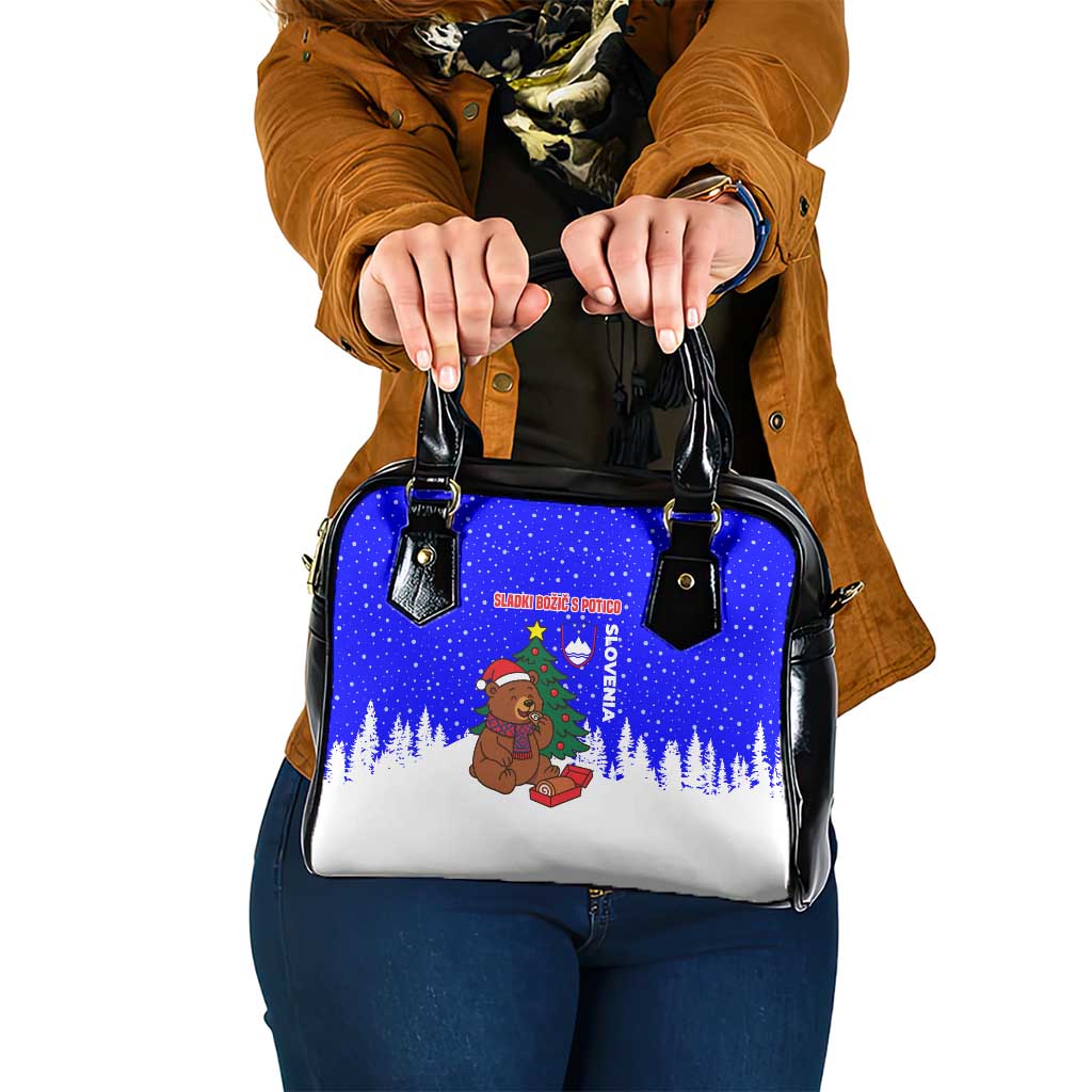 Slovenia Christmas Shoulder Handbag with Bear Potica Cake Snowy Tree and National Emblem Design - Wonder Print Shop