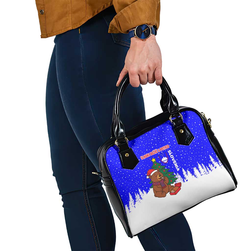 Slovenia Christmas Shoulder Handbag with Bear Potica Cake Snowy Tree and National Emblem Design - Wonder Print Shop