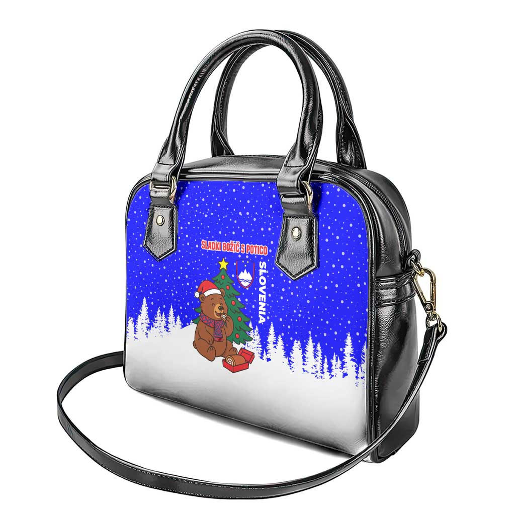 Slovenia Christmas Shoulder Handbag with Bear Potica Cake Snowy Tree and National Emblem Design - Wonder Print Shop