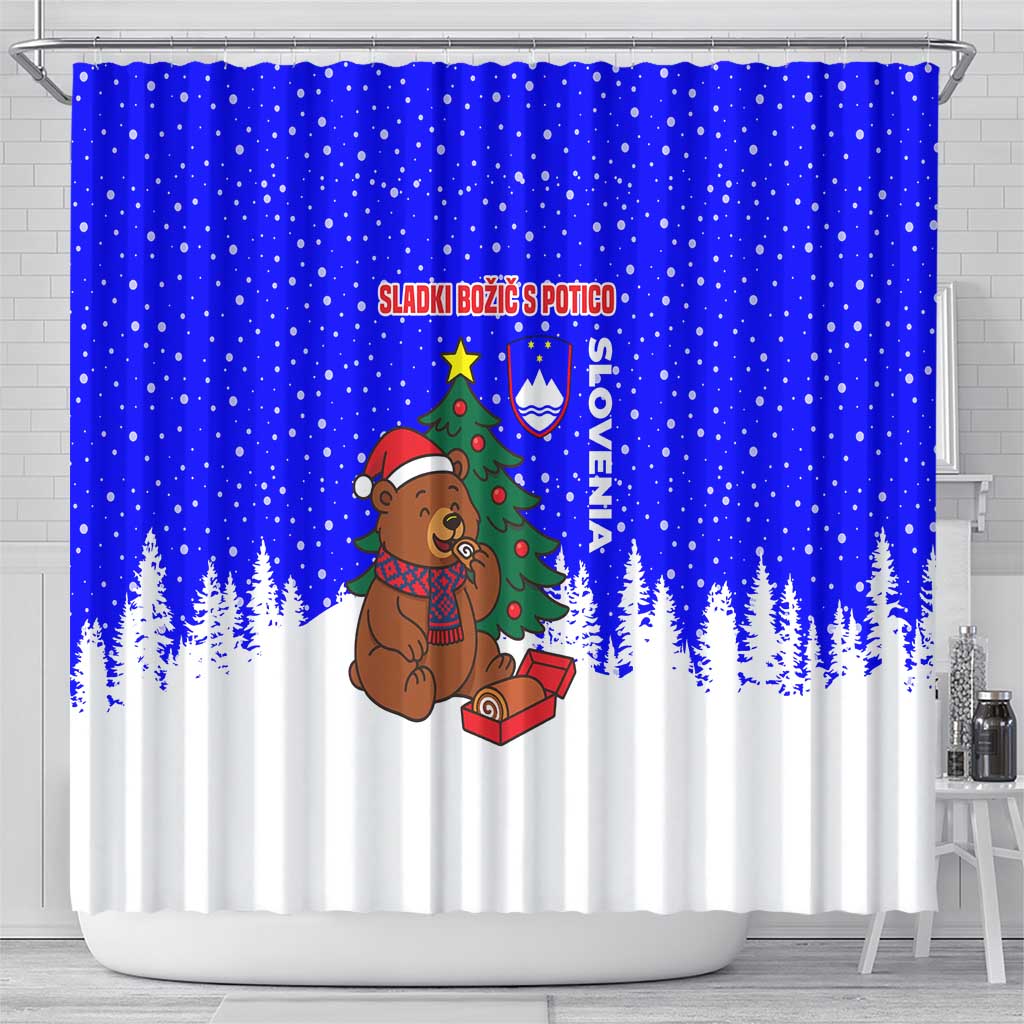 Slovenia Christmas Shower Curtain with Bear Potica Cake Snowy Tree and National Emblem Design - Wonder Print Shop