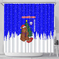 Slovenia Christmas Shower Curtain with Bear Potica Cake Snowy Tree and National Emblem Design - Wonder Print Shop