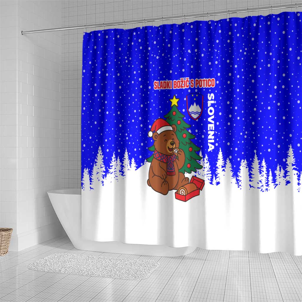 Slovenia Christmas Shower Curtain with Bear Potica Cake Snowy Tree and National Emblem Design - Wonder Print Shop