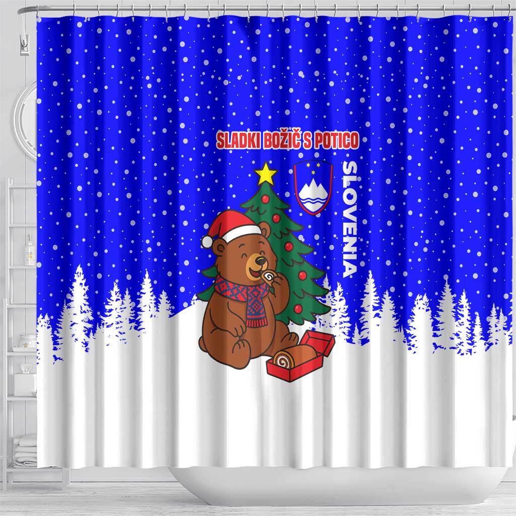 Slovenia Christmas Shower Curtain with Bear Potica Cake Snowy Tree and National Emblem Design - Wonder Print Shop