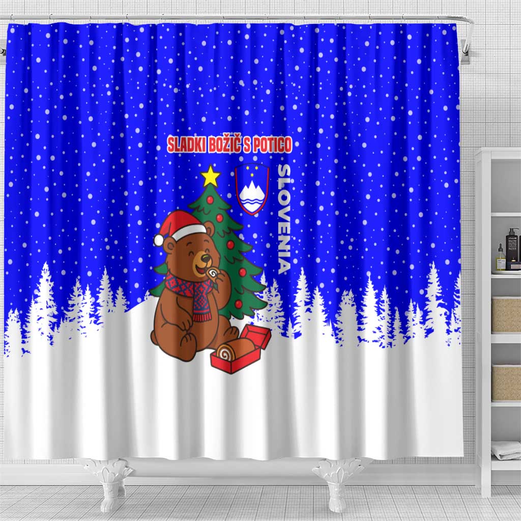 Slovenia Christmas Shower Curtain with Bear Potica Cake Snowy Tree and National Emblem Design - Wonder Print Shop