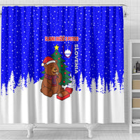 Slovenia Christmas Shower Curtain with Bear Potica Cake Snowy Tree and National Emblem Design - Wonder Print Shop