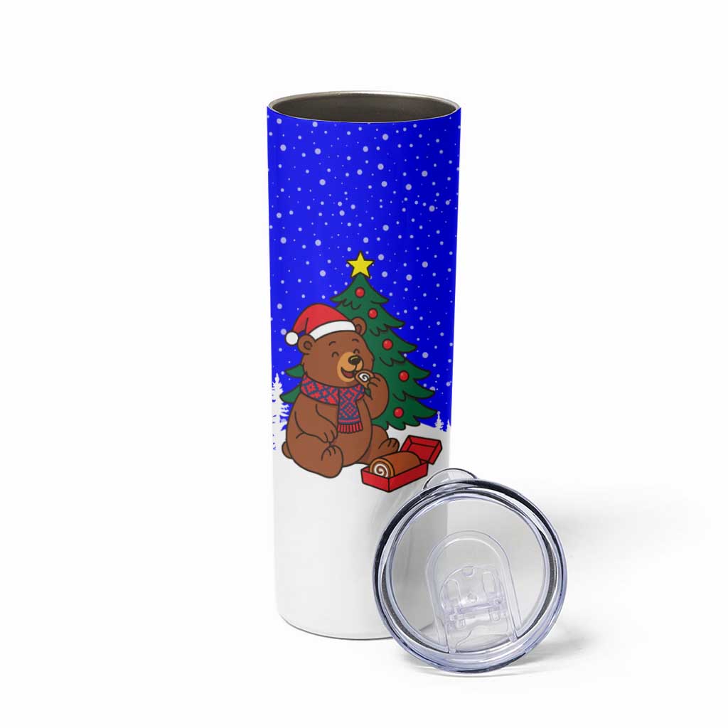 Slovenia Christmas Skinny Tumbler with Bear Potica Cake Snowy Tree and National Emblem Design - Wonder Print Shop