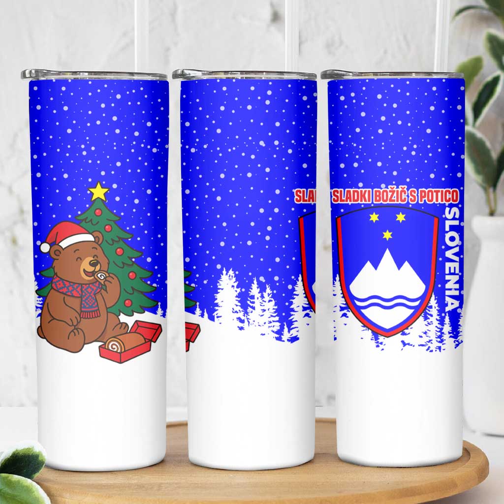 Slovenia Christmas Skinny Tumbler with Bear Potica Cake Snowy Tree and National Emblem Design - Wonder Print Shop