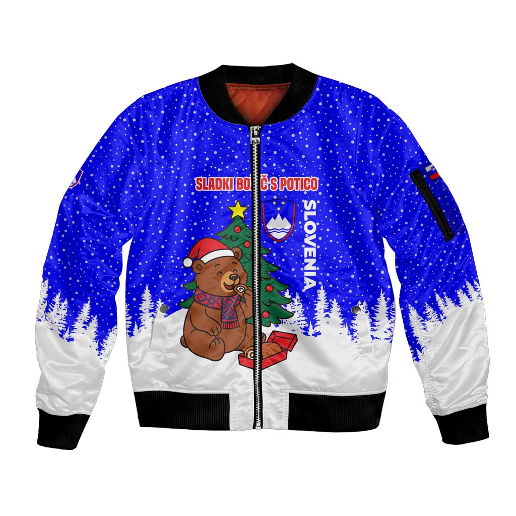 Slovenia Christmas Sleeve Zip Bomber Jacket with Bear Potica Cake Snowy Tree and National Emblem Design - Wonder Print Shop