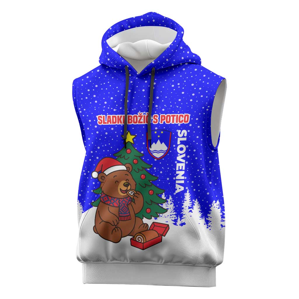 Slovenia Christmas Sleeveless Hoodie with Bear Potica Cake Snowy Tree and National Emblem Design - Wonder Print Shop