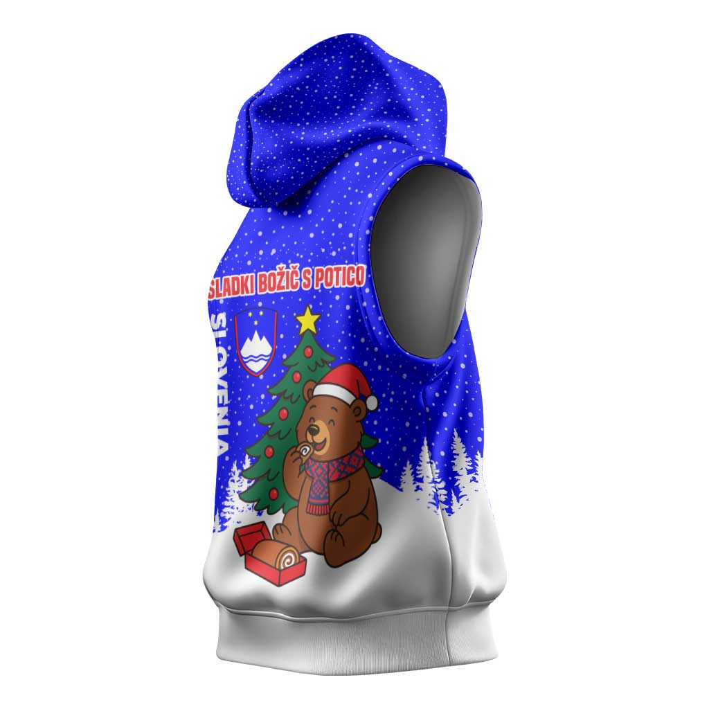 Slovenia Christmas Sleeveless Hoodie with Bear Potica Cake Snowy Tree and National Emblem Design - Wonder Print Shop