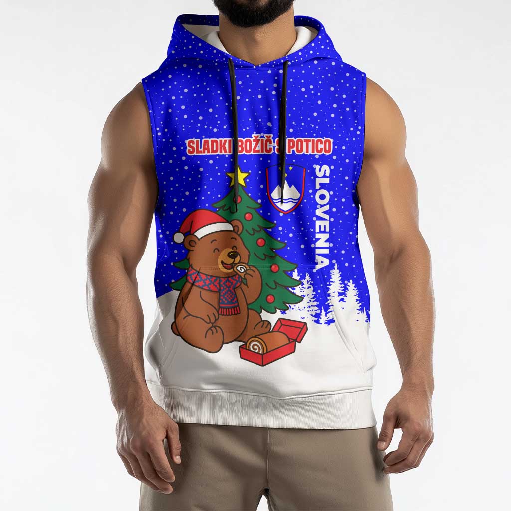 Slovenia Christmas Sleeveless Hoodie with Bear Potica Cake Snowy Tree and National Emblem Design - Wonder Print Shop