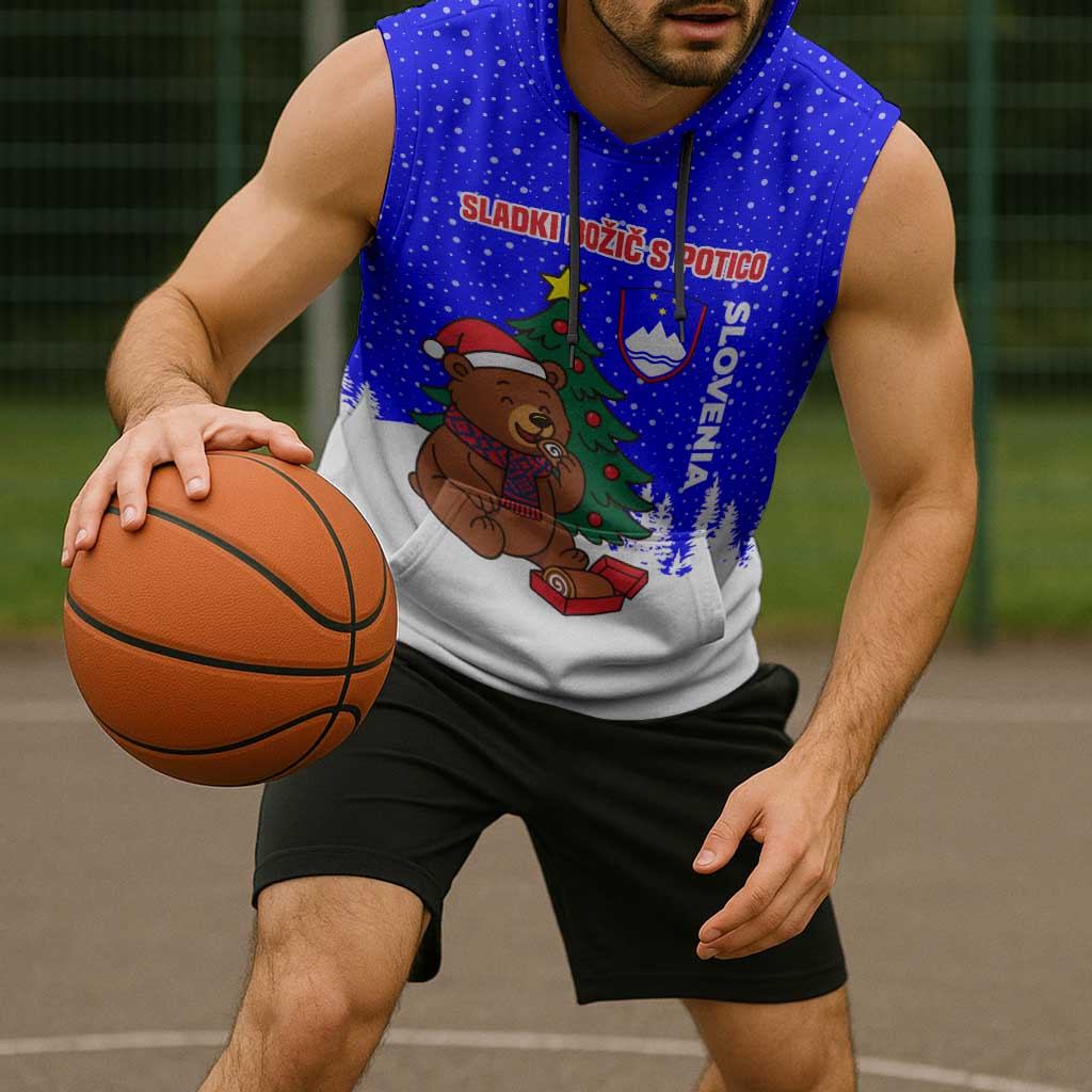 Slovenia Christmas Sleeveless Hoodie with Bear Potica Cake Snowy Tree and National Emblem Design - Wonder Print Shop