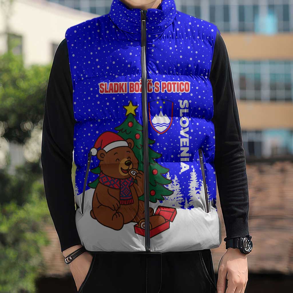Slovenia Christmas Sleeveless Puffer Jacket with Bear Potica Cake Snowy Tree and National Emblem Design - Wonder Print Shop