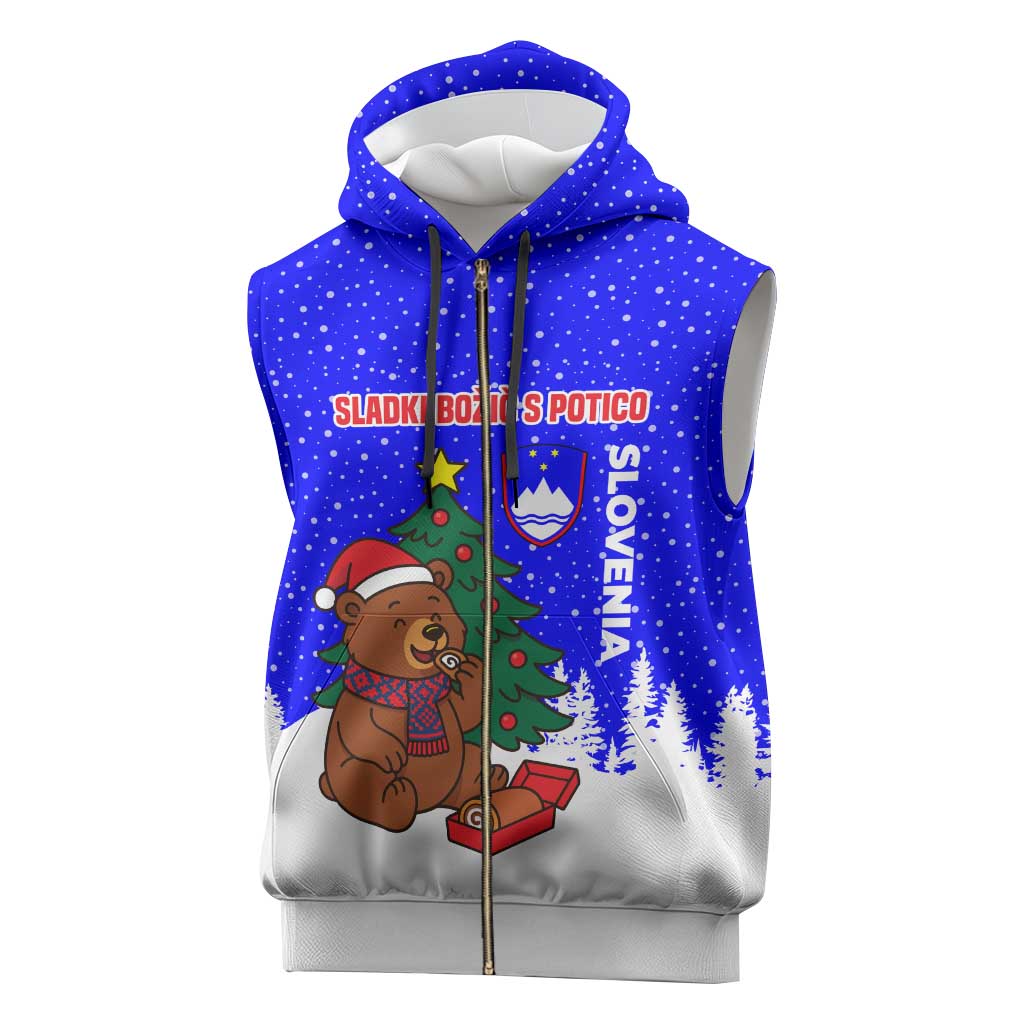 Slovenia Christmas Sleeveless Zip Hoodie with Bear Potica Cake Snowy Tree and National Emblem Design - Wonder Print Shop