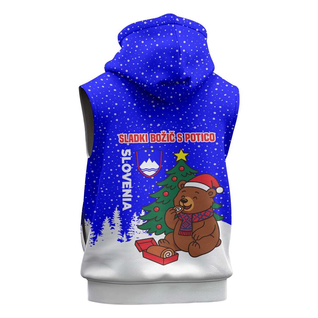 Slovenia Christmas Sleeveless Zip Hoodie with Bear Potica Cake Snowy Tree and National Emblem Design - Wonder Print Shop