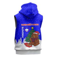 Slovenia Christmas Sleeveless Zip Hoodie with Bear Potica Cake Snowy Tree and National Emblem Design - Wonder Print Shop