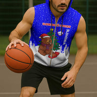Slovenia Christmas Sleeveless Zip Hoodie with Bear Potica Cake Snowy Tree and National Emblem Design - Wonder Print Shop