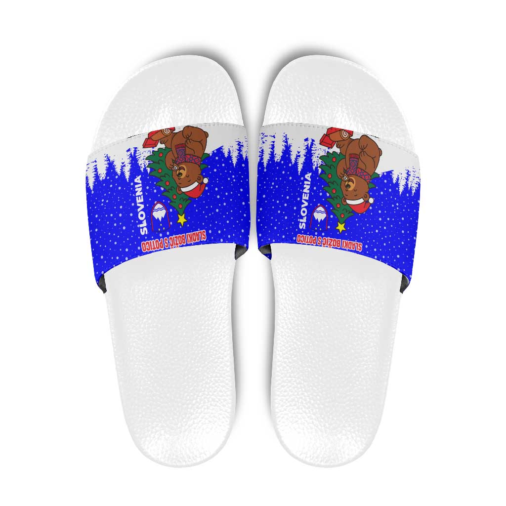 Slovenia Christmas Slide Sandals with Bear Potica Cake Snowy Tree and National Emblem Design - Wonder Print Shop