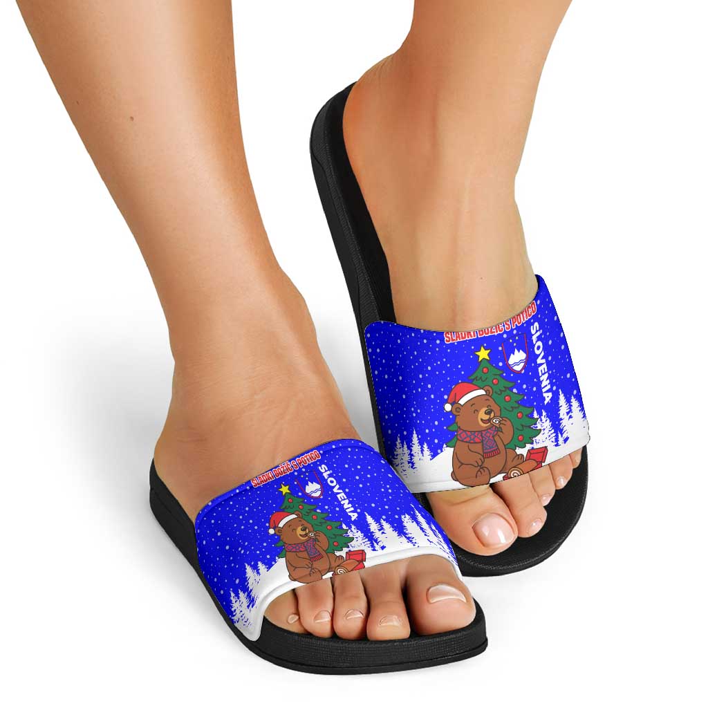 Slovenia Christmas Slide Sandals with Bear Potica Cake Snowy Tree and National Emblem Design - Wonder Print Shop