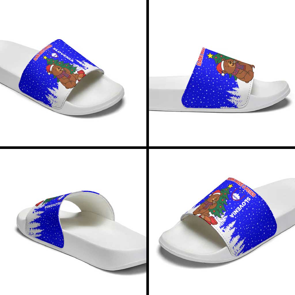 Slovenia Christmas Slide Sandals with Bear Potica Cake Snowy Tree and National Emblem Design - Wonder Print Shop