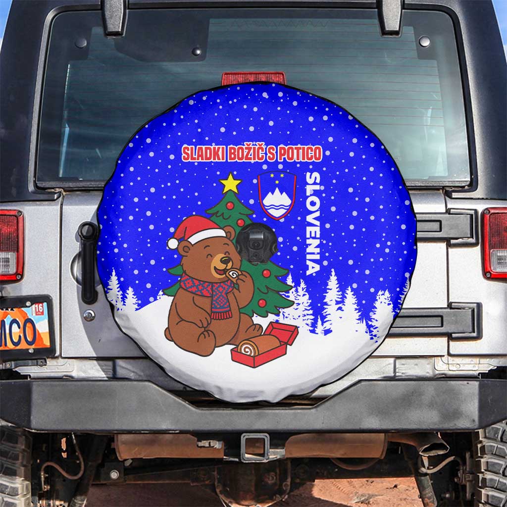 Slovenia Christmas Spare Tire Cover with Bear Potica Cake Snowy Tree and National Emblem Design - Wonder Print Shop