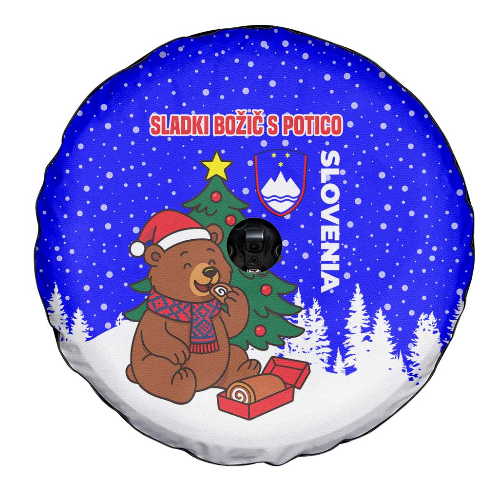 Slovenia Christmas Spare Tire Cover with Bear Potica Cake Snowy Tree and National Emblem Design - Wonder Print Shop