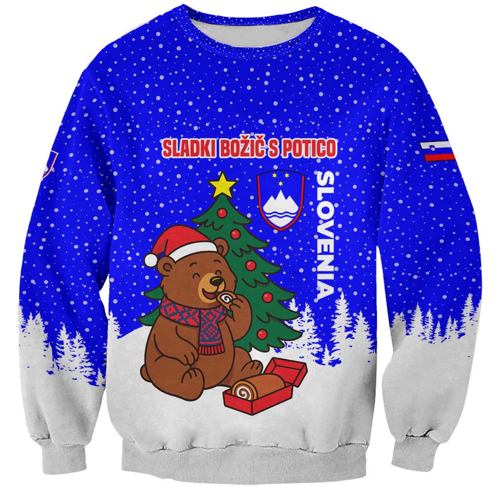 Slovenia Christmas Sweatshirt with Bear Potica Cake Snowy Tree and National Emblem Design - Wonder Print Shop