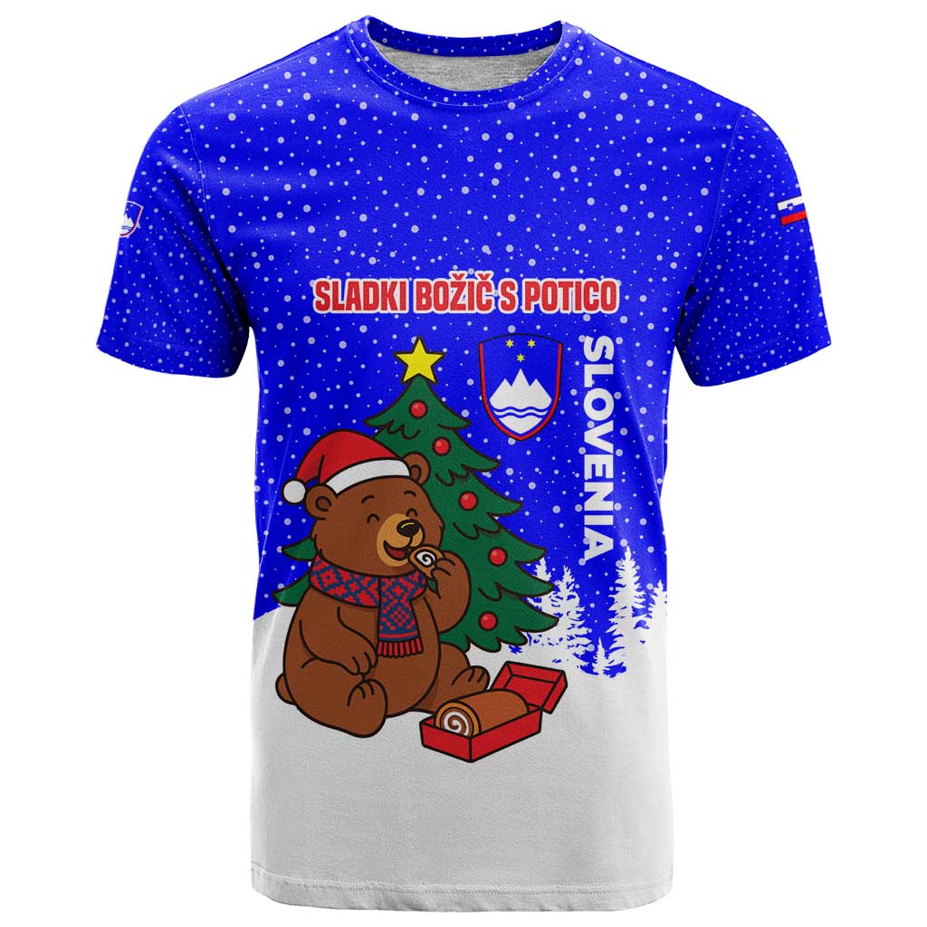 Slovenia Christmas T Shirt with Bear Potica Cake Snowy Tree and National Emblem Design - Wonder Print Shop