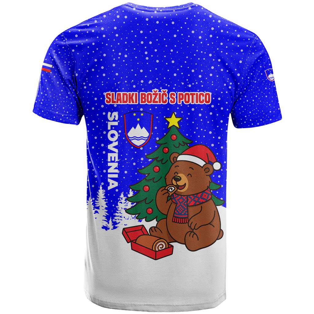 Slovenia Christmas T Shirt with Bear Potica Cake Snowy Tree and National Emblem Design - Wonder Print Shop