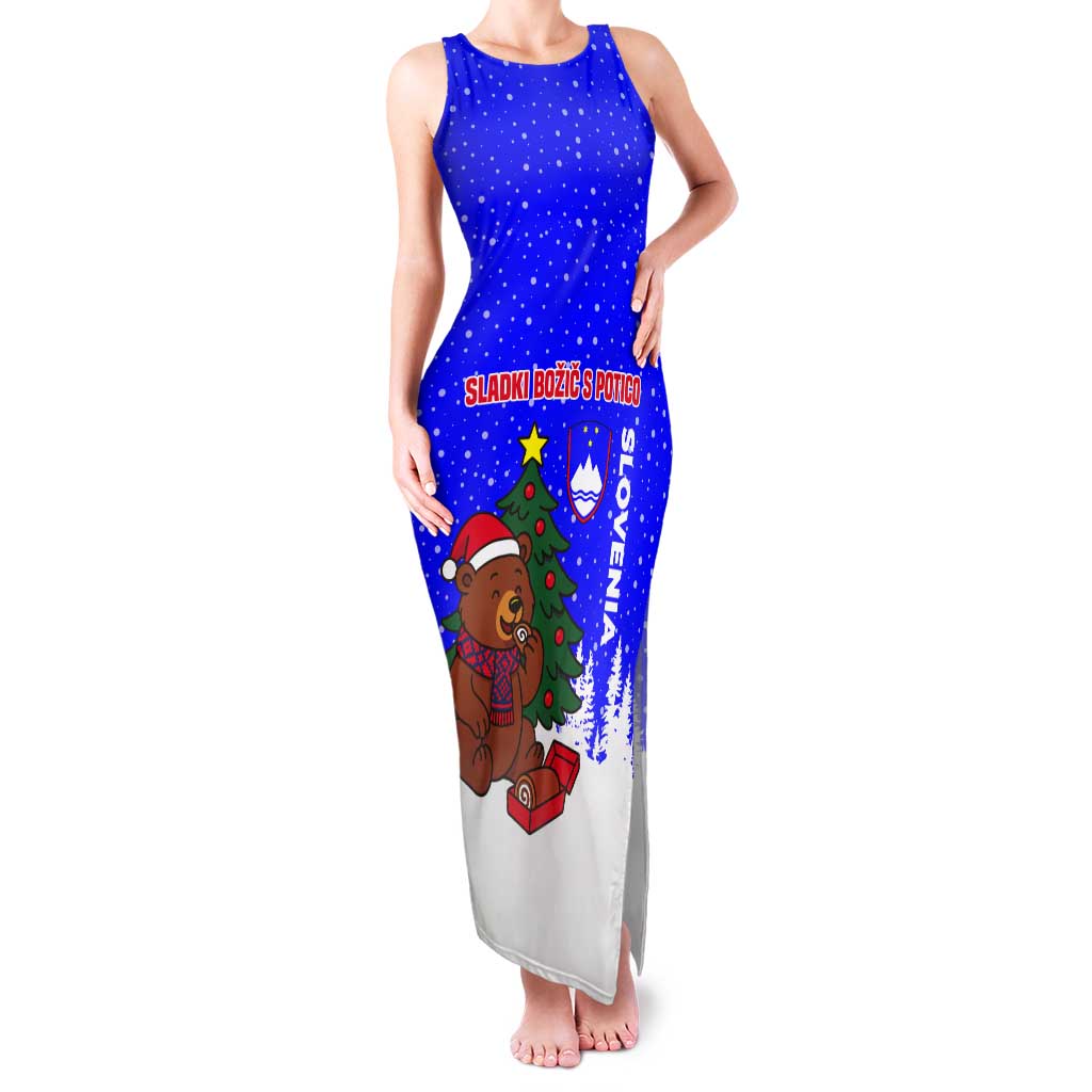 Slovenia Christmas Tank Maxi Dress with Bear Potica Cake Snowy Tree and National Emblem Design - Wonder Print Shop